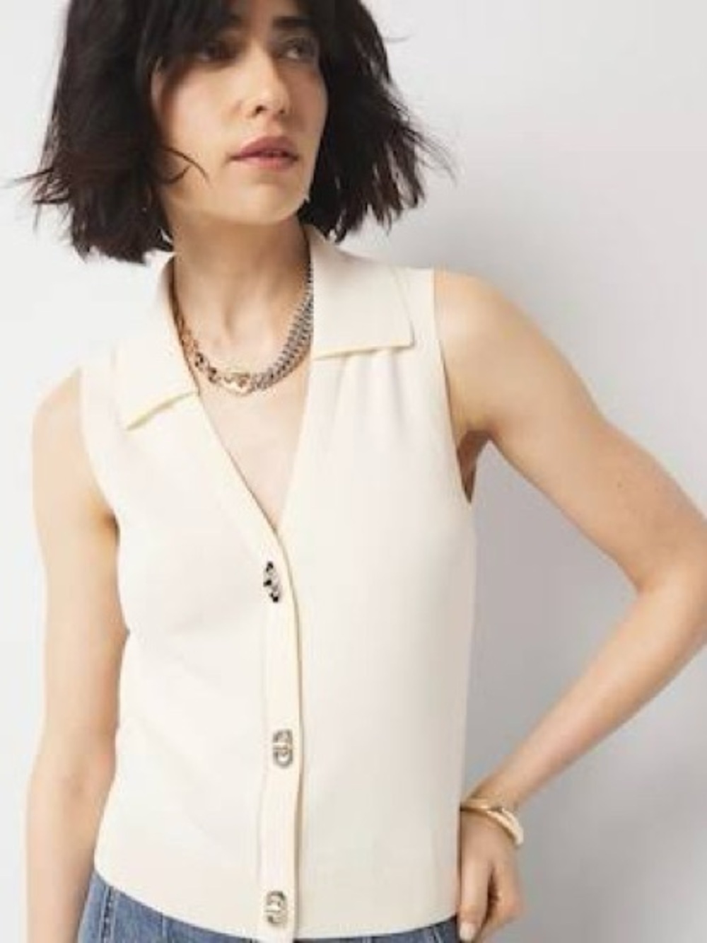 NWT White House Black Market Antique White Sleeveless V-Neck Button Vest